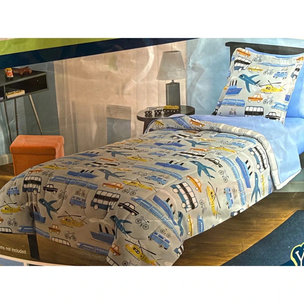 NEW Your Zone Cityline Twin Bedding Set 5 Piece Comforter Sheets Airplane Car